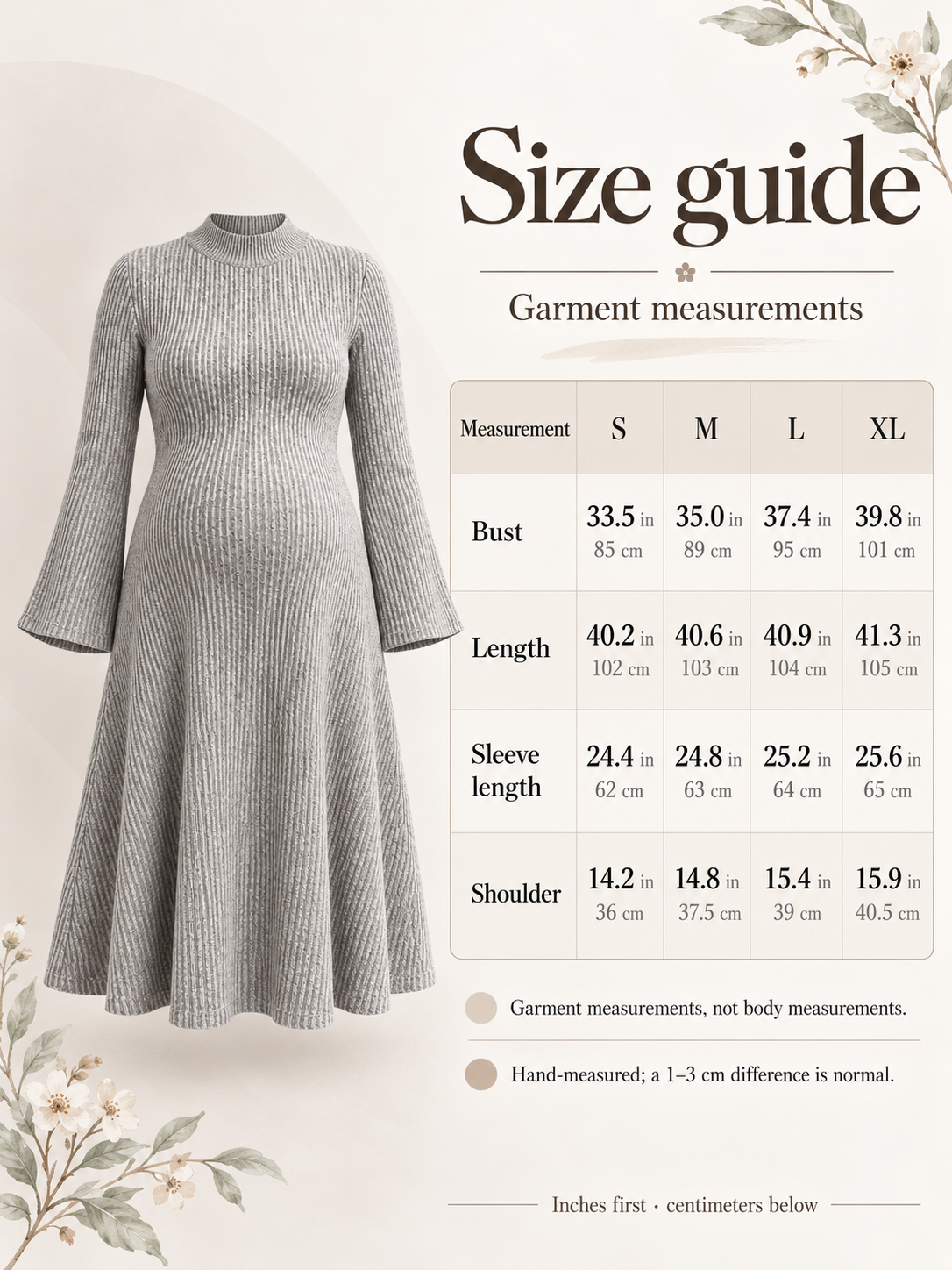 Simone Oatmeal Heather maternity dress — size guide with S to XL garment measurements in inches and centimeters