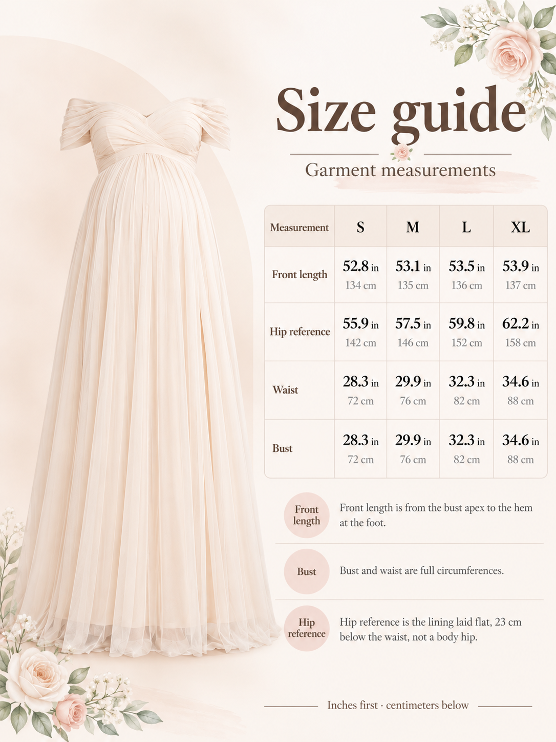 Size guide for the Orielle Off White maternity dress, S to XL garment measurements in inches and centimeters