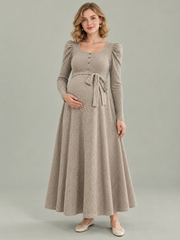 Laurel Oatmeal maternity dress — front view with scoop neckline, puff sleeves and tie waist