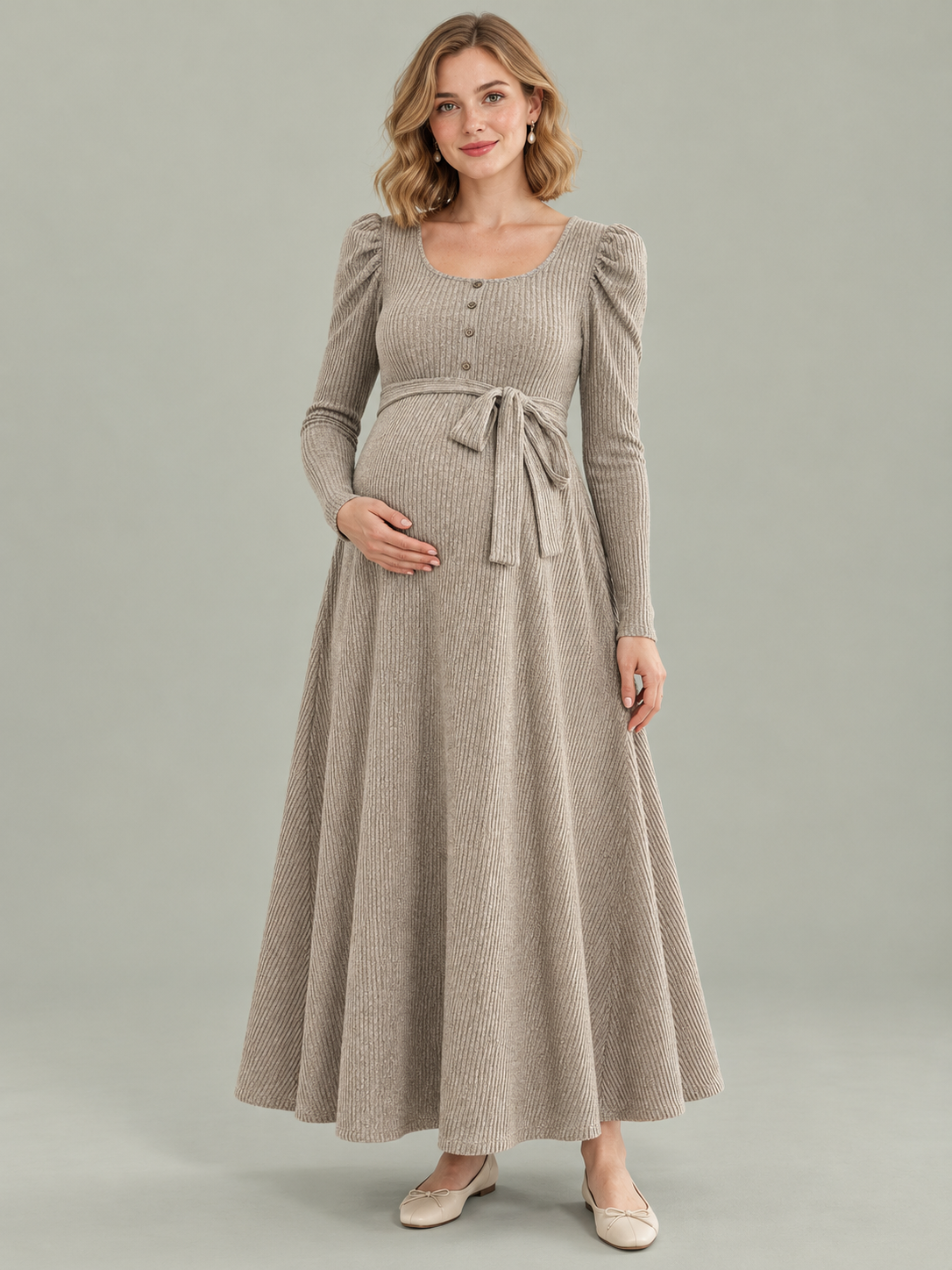Laurel Oatmeal maternity dress — front view with scoop neckline, puff sleeves and tie waist