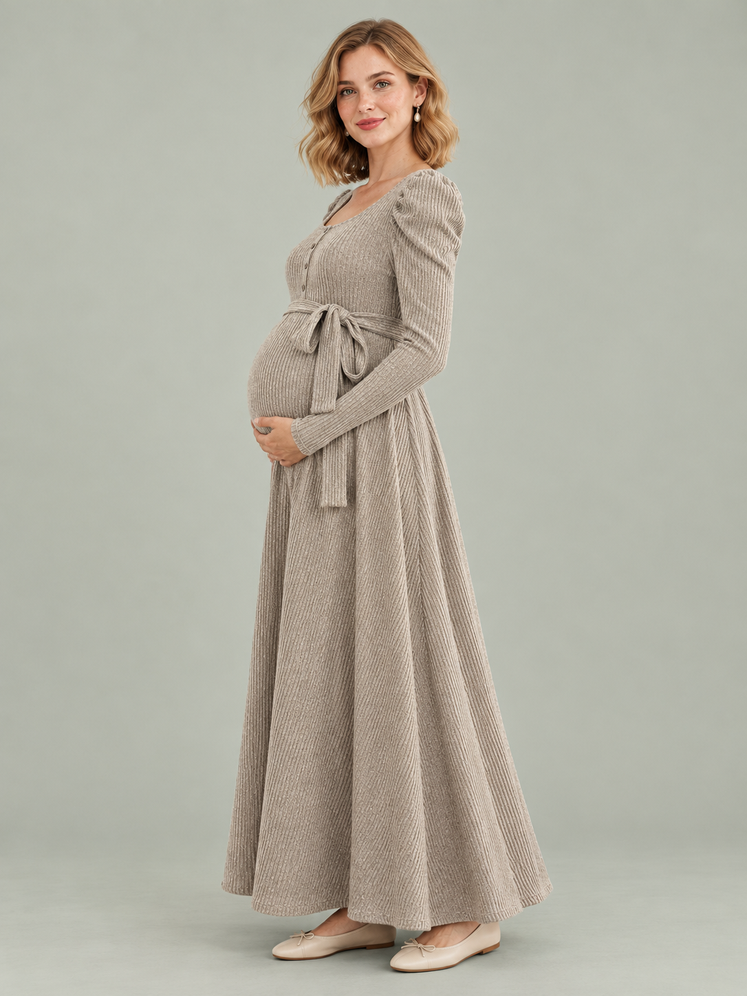 Laurel Oatmeal maternity dress — side view of the full circle skirt and silhouette