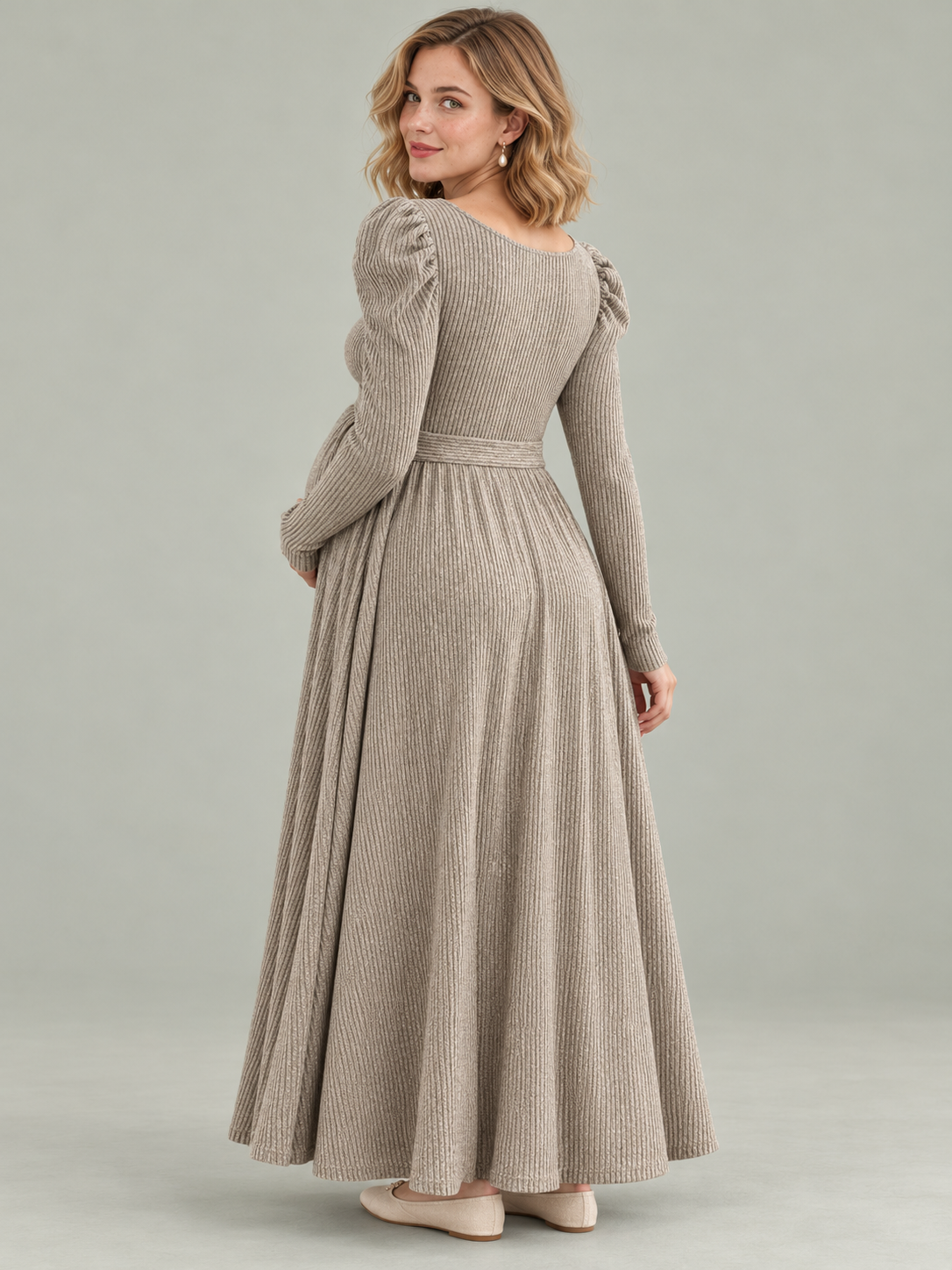 Laurel Oatmeal maternity dress — back view of the waist tie and full skirt