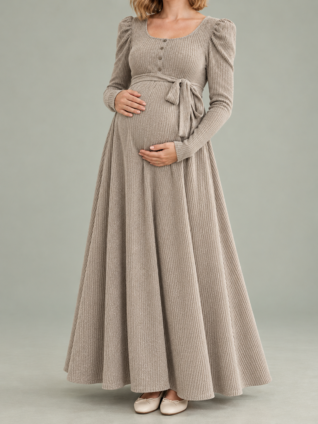 Laurel Oatmeal maternity dress — close-up of the tied waist and gathered skirt