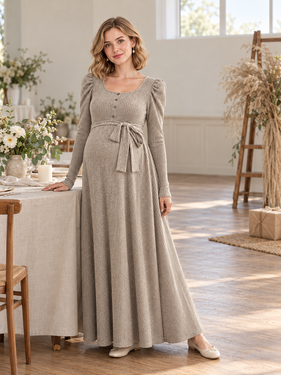 Laurel Oatmeal maternity dress — standing in a sunlit room beside a table of flowers