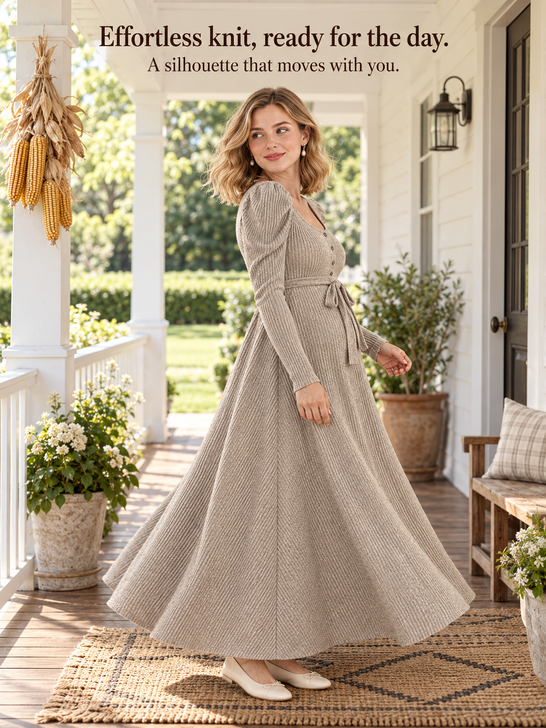 Laurel Oatmeal maternity dress — twirling on a porch with the skirt in motion