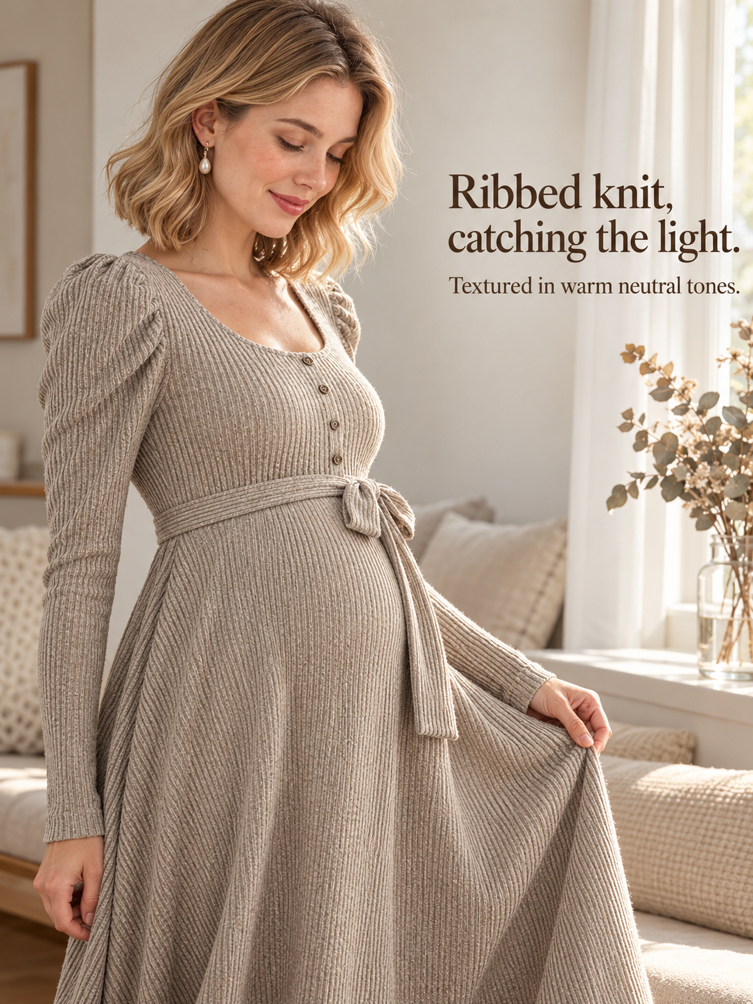 Laurel Oatmeal maternity dress — standing indoors, spreading the flowing ribbed skirt