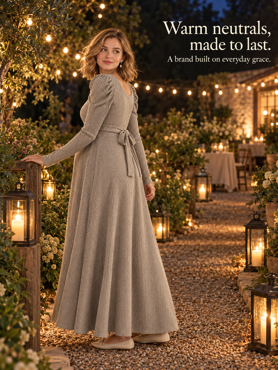 Laurel Oatmeal maternity dress — walking an evening garden path lit with lanterns