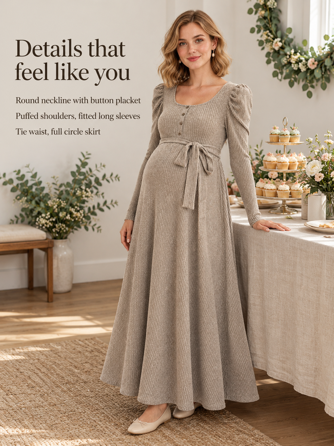 Laurel Oatmeal maternity dress — standing at a dessert table set with cupcakes