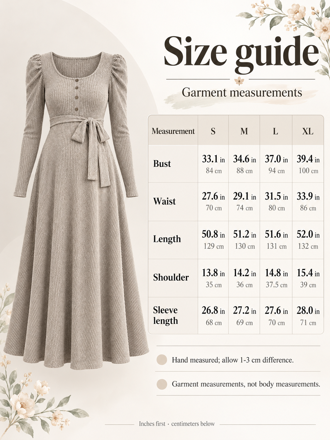 Laurel Oatmeal maternity dress — size guide with S to XL garment measurements in inches and centimeters