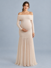 Gabrielle Champagne Beige maternity dress — front view with off-shoulder neckline and mermaid hem