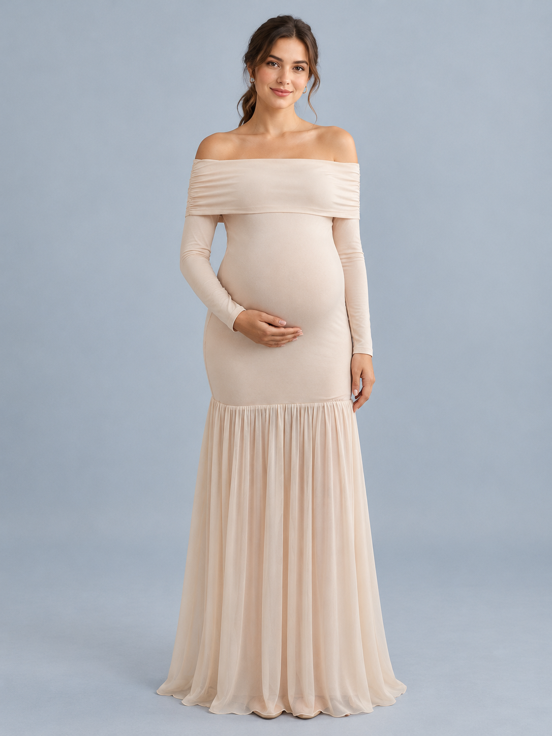 Gabrielle Champagne Beige maternity dress — front view with off-shoulder neckline and mermaid hem