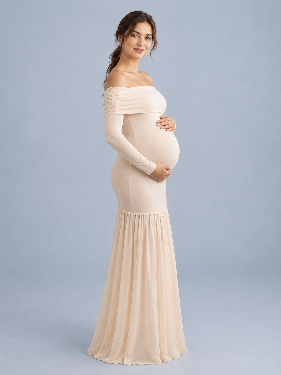 Gabrielle Champagne Beige maternity dress — side profile showing the fitted maternity silhouette