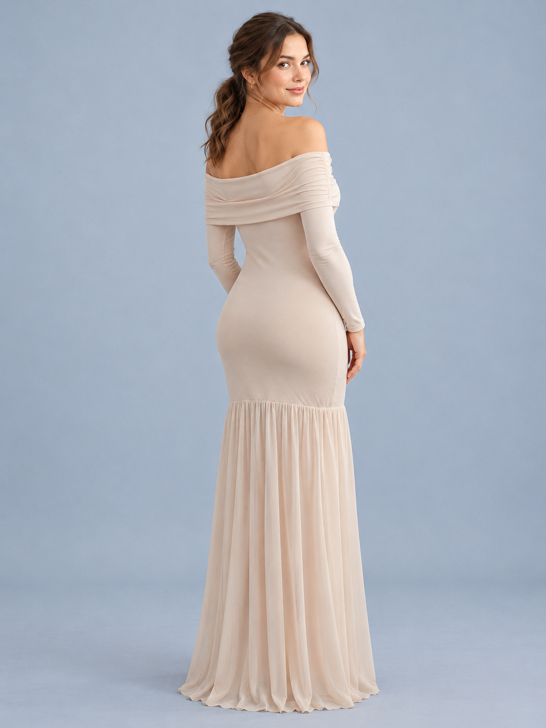 Gabrielle Champagne Beige maternity dress — back view of the off-shoulder neckline and fitted bodice
