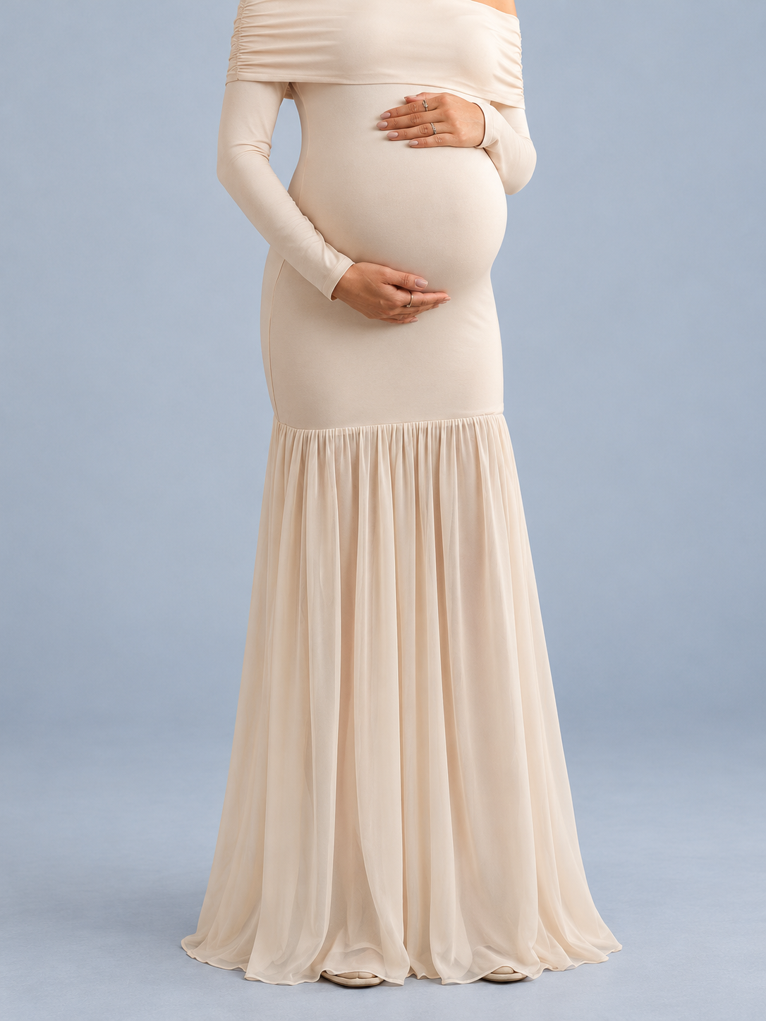 Gabrielle Champagne Beige maternity dress — close-up of the fitted waist and hip