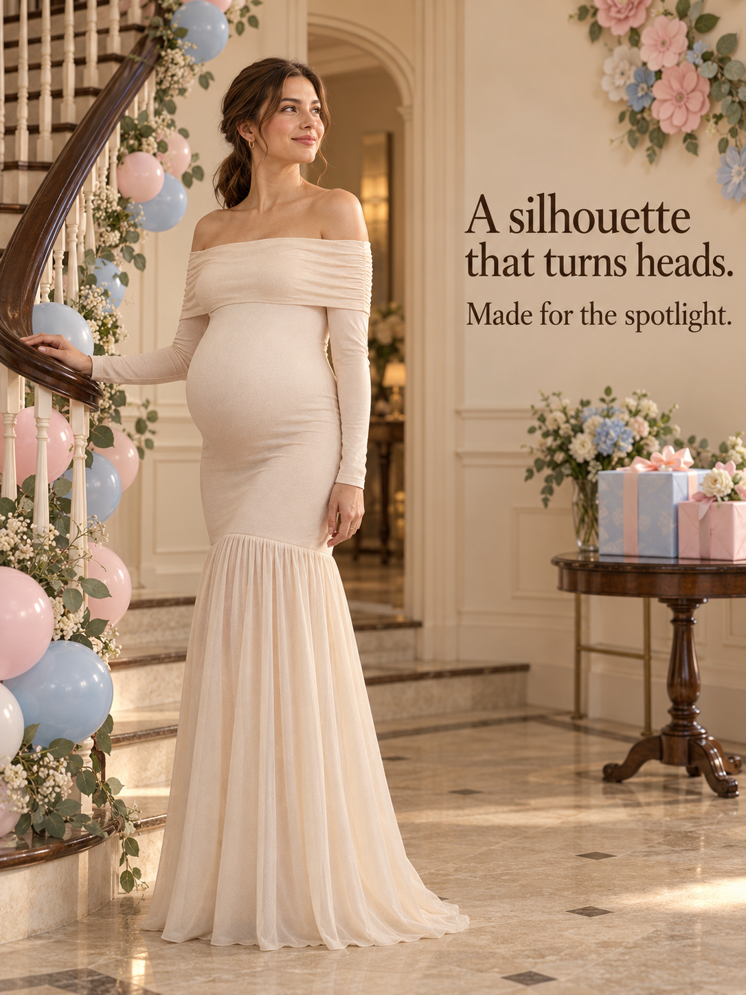 Gabrielle Champagne Beige maternity dress — standing on a staircase decorated with balloons and florals