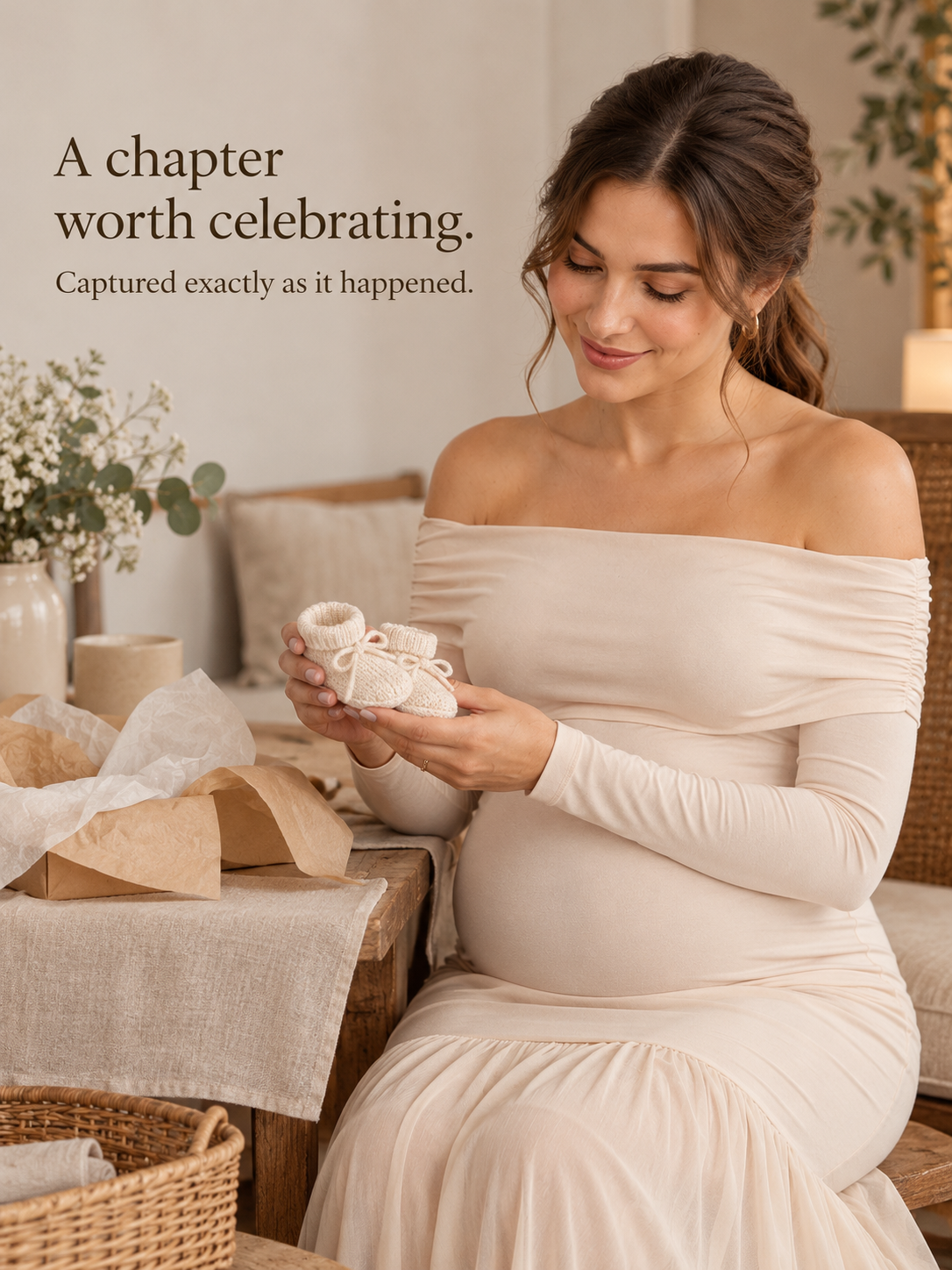 Gabrielle Champagne Beige maternity dress — holding baby shoes at an indoor celebration