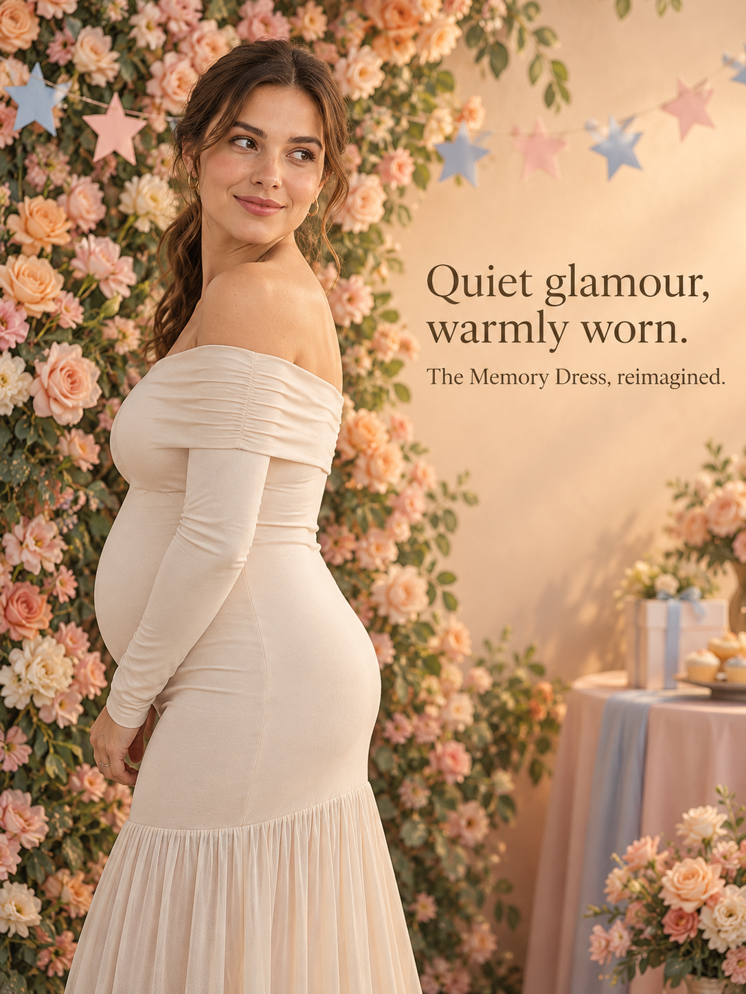 Gabrielle Champagne Beige maternity dress — standing in front of a pastel floral wall