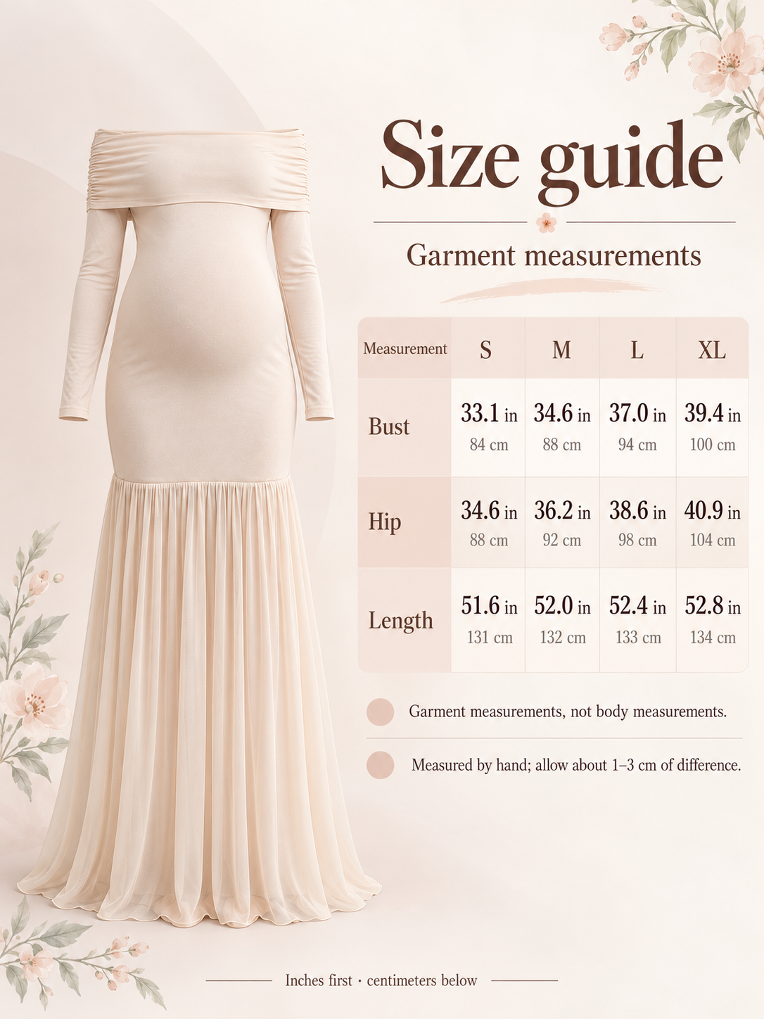 Gabrielle Champagne Beige maternity dress — size guide with S to XL garment measurements in inches and centimeters