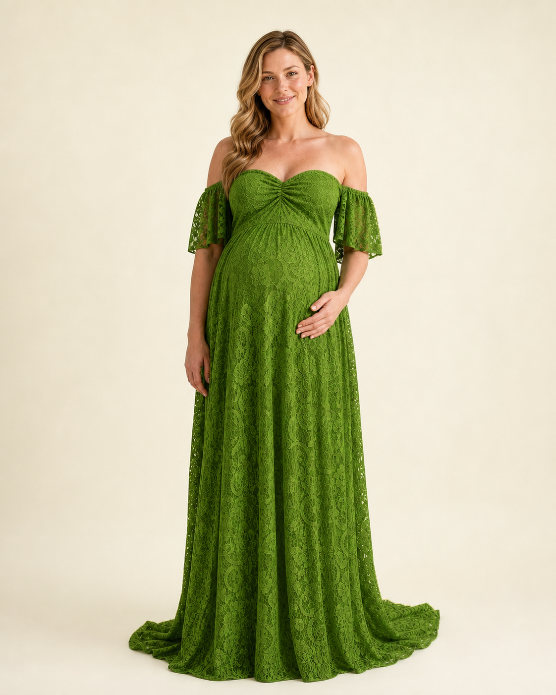 Bright Apple Green Elowen maternity maxi dress, studio front view with an off-shoulder sweetheart neckline and floor-length A-line lace