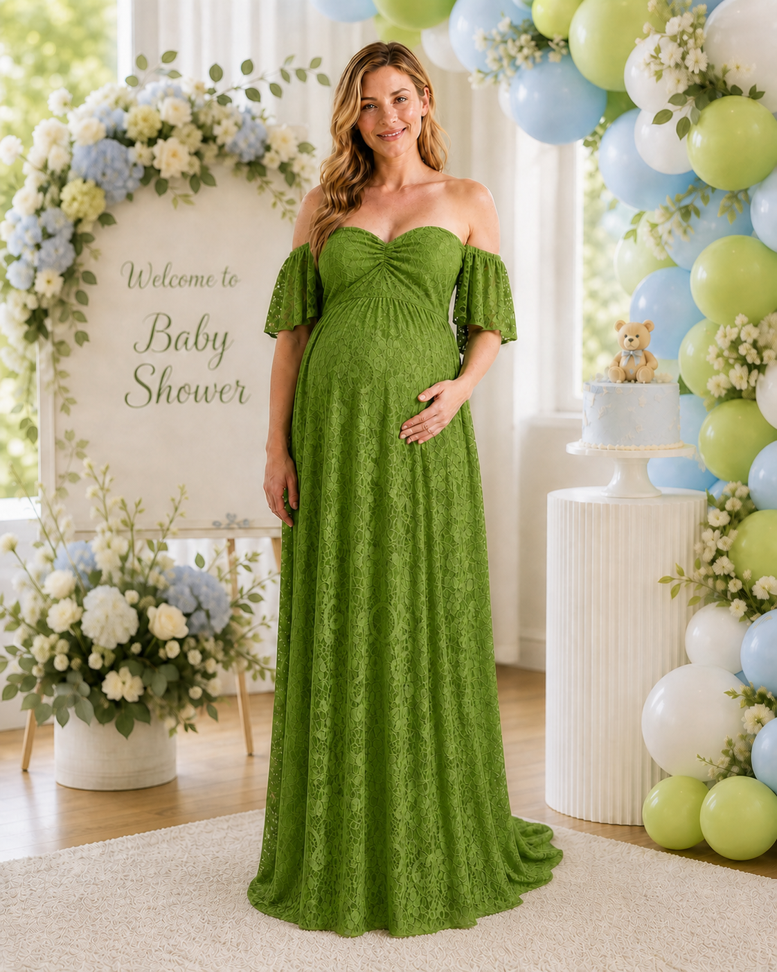 Bright Apple Green maternity baby shower dress in a spring garden celebration