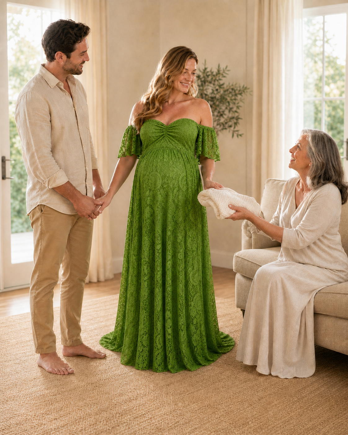 Family anticipation portrait in Bright Apple Green lace before a gender-neutral reveal