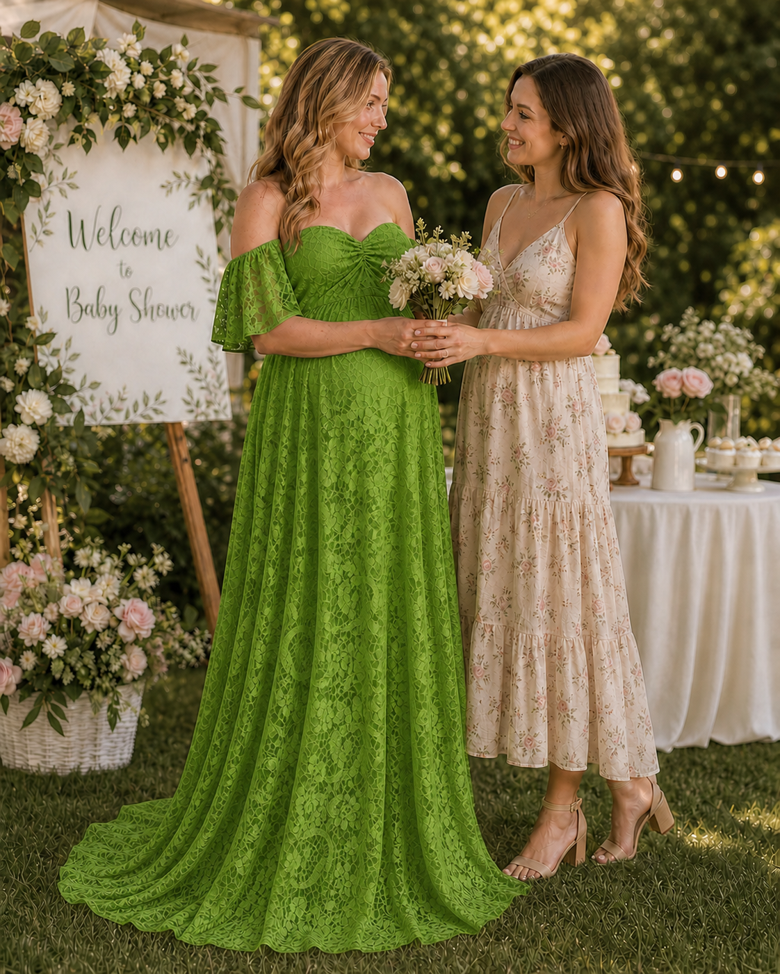 Garden portrait of the Bright Apple Green maternity maxi among spring leaves