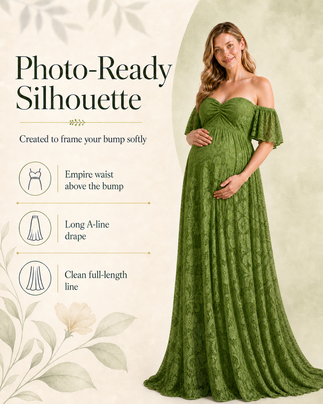 Full-length Bright Apple Green maternity silhouette posed for a garden photoshoot