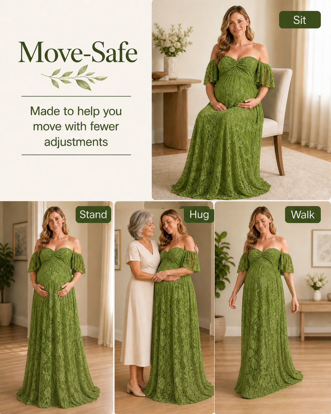 Walking view of the Bright Apple Green maxi, hem clearing a garden path without a circular train