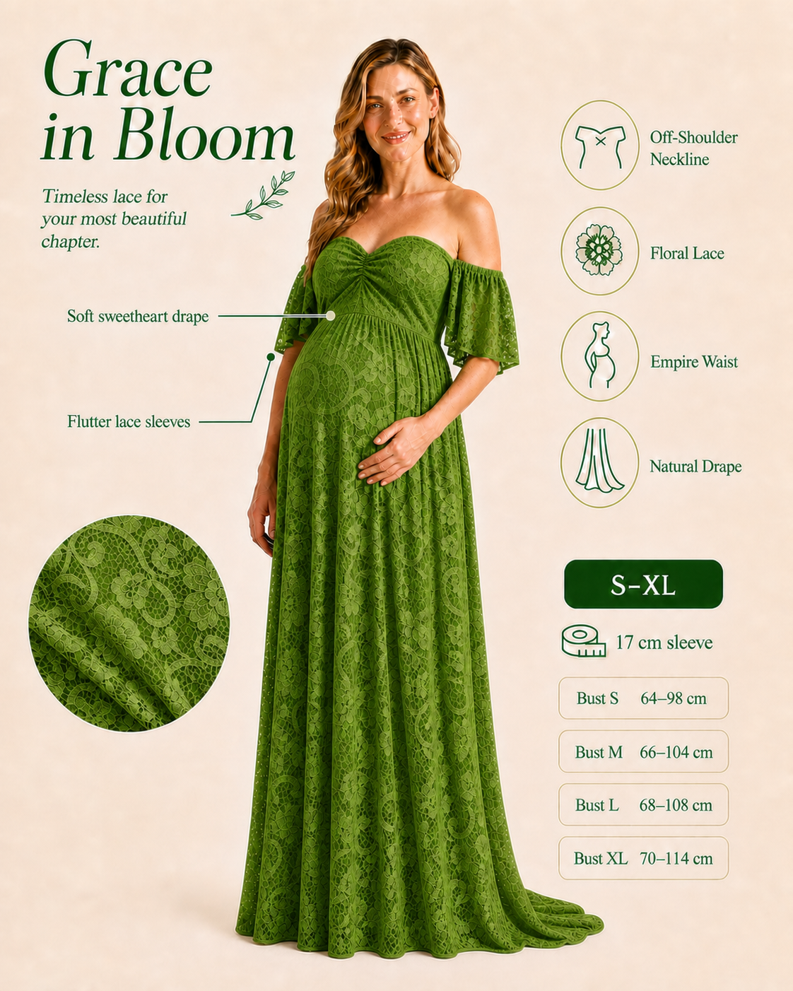 Side fit of the Bright Apple Green empire seam sitting above the bump with A-line room below