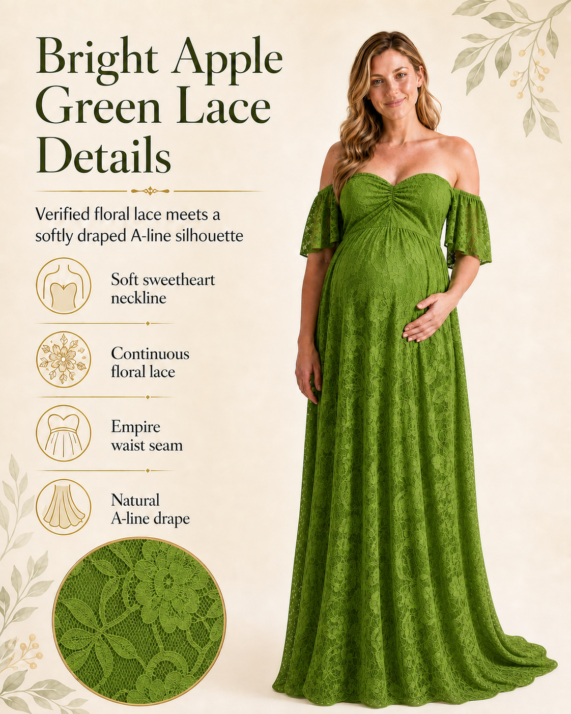 Full design view of the Bright Apple Green off-shoulder lace maxi, neckline through floor-length skirt