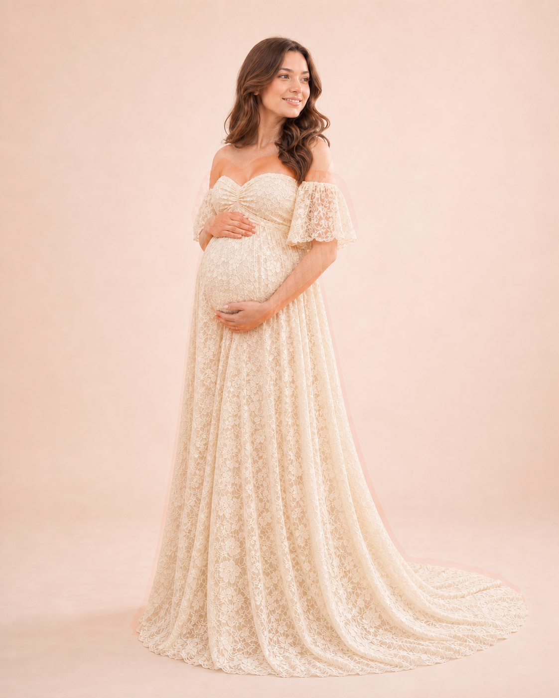 Side-angle Soft Apricot Cream empire waist, A-line skirt leaving space through the bump