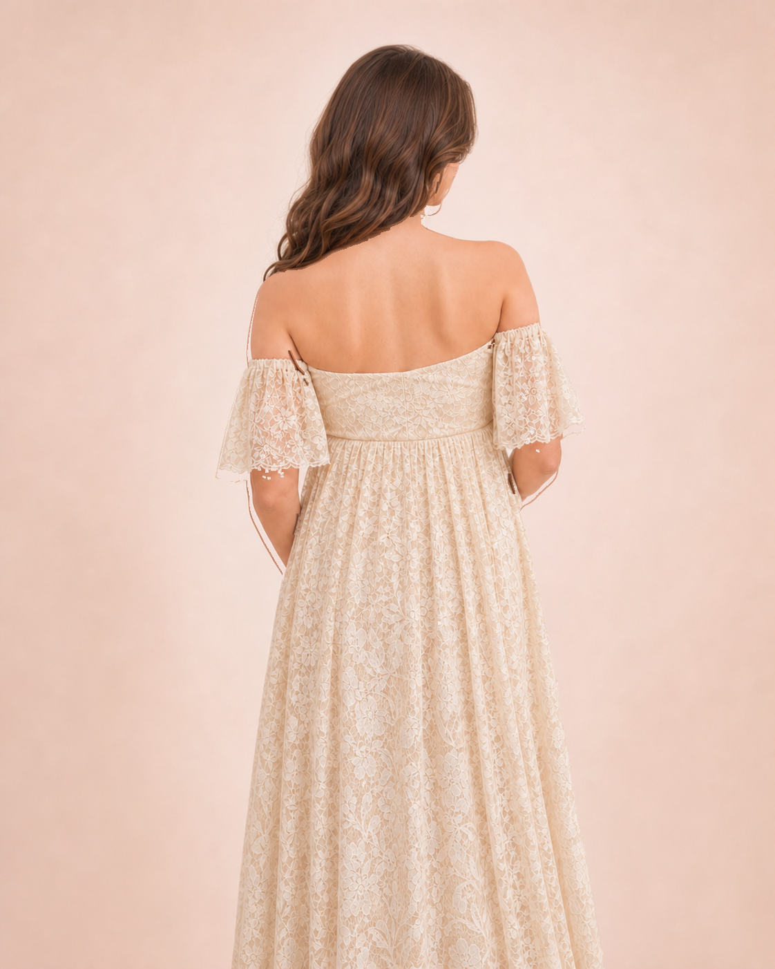 Rear view of Soft Apricot Cream flutter sleeves and the longer back drape on cream lace