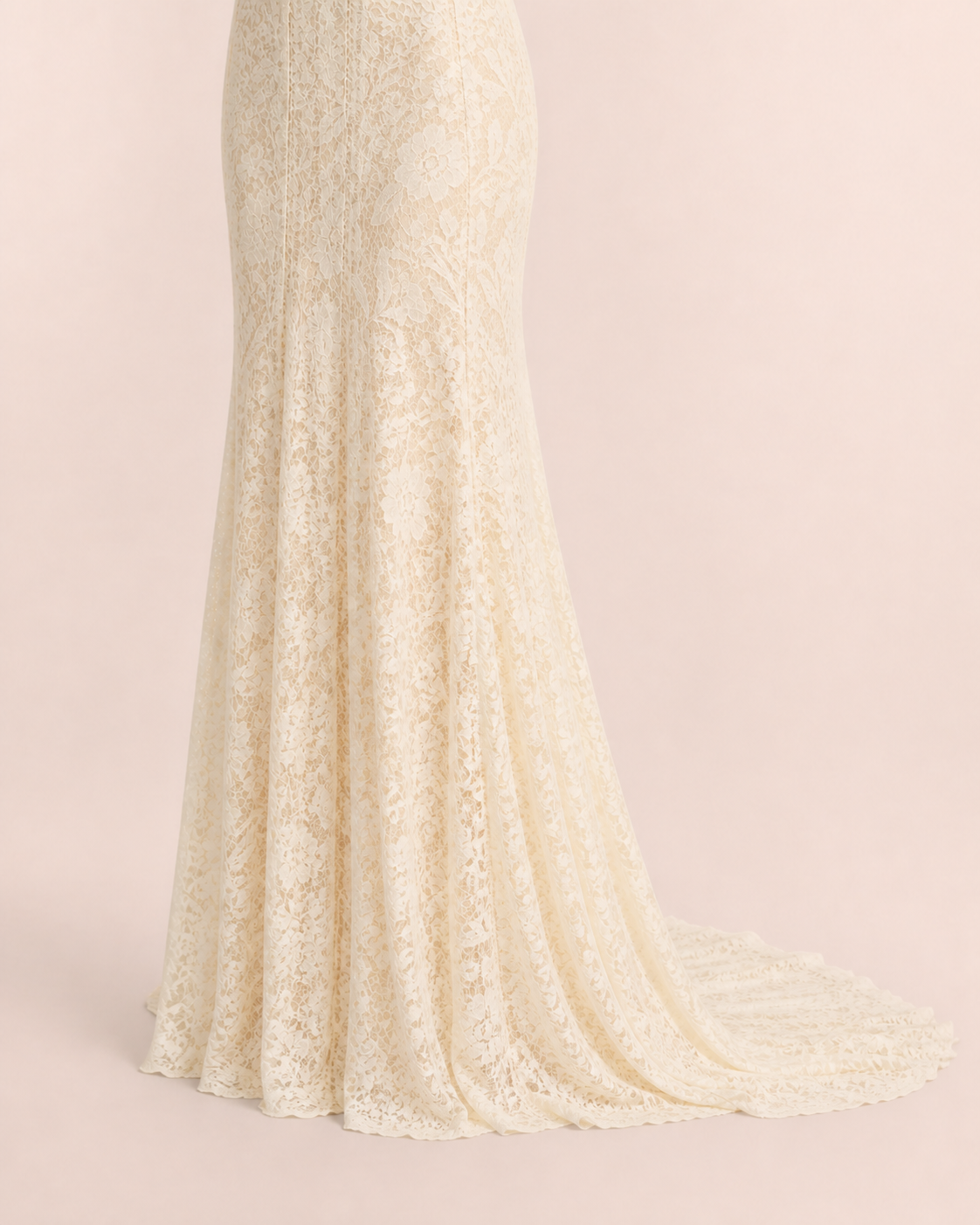 Soft Apricot Cream front hem meeting the floor, back fabric extending farther behind