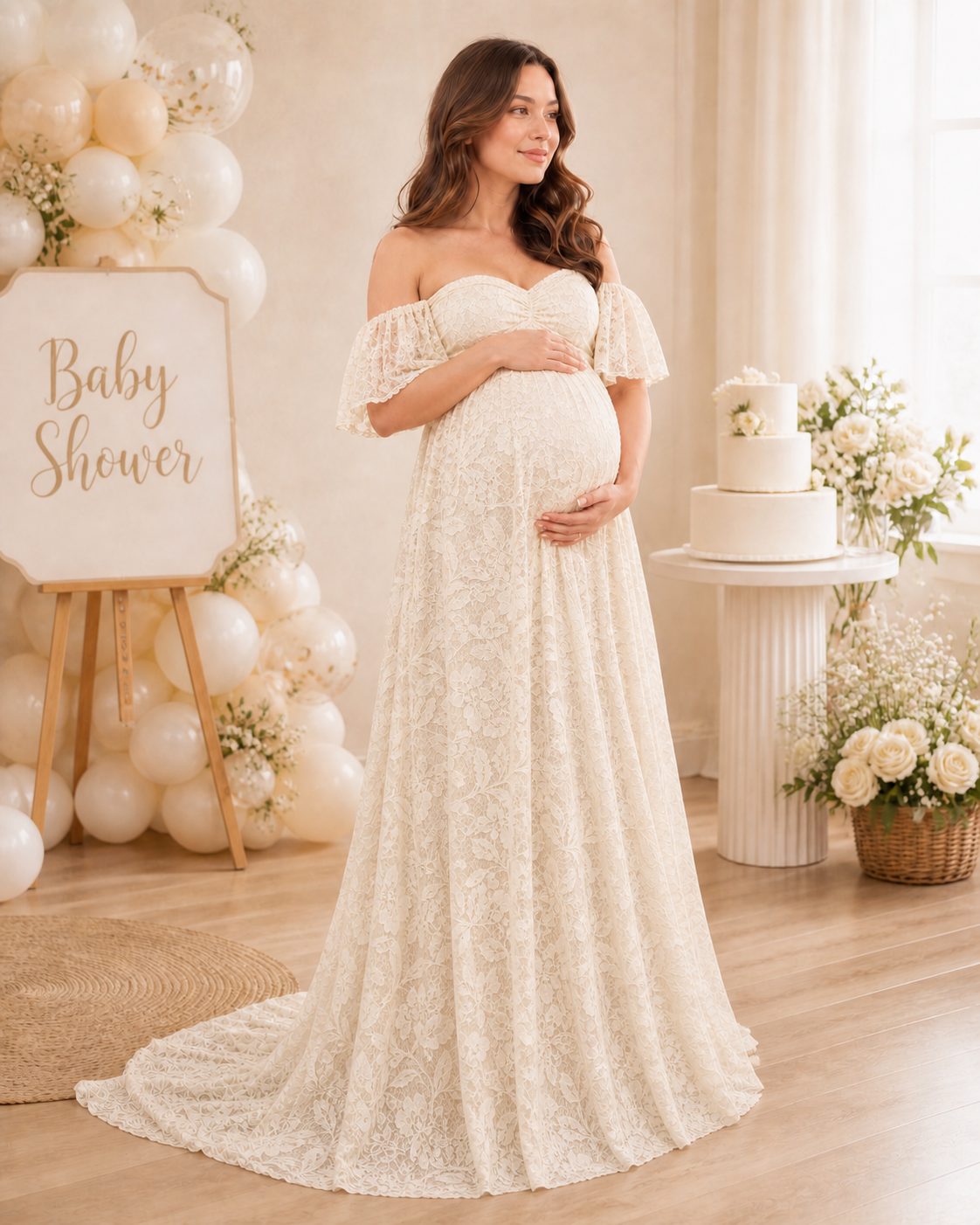 Soft Apricot Cream maternity baby shower dress in a warmly lit indoor party