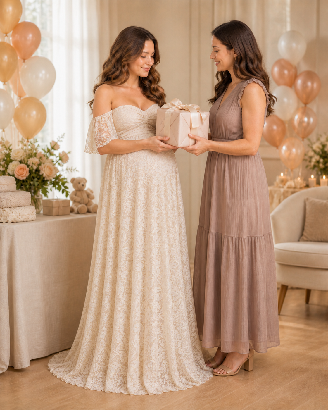 Indoor celebration portrait in Soft Apricot Cream lace with a small shower bouquet