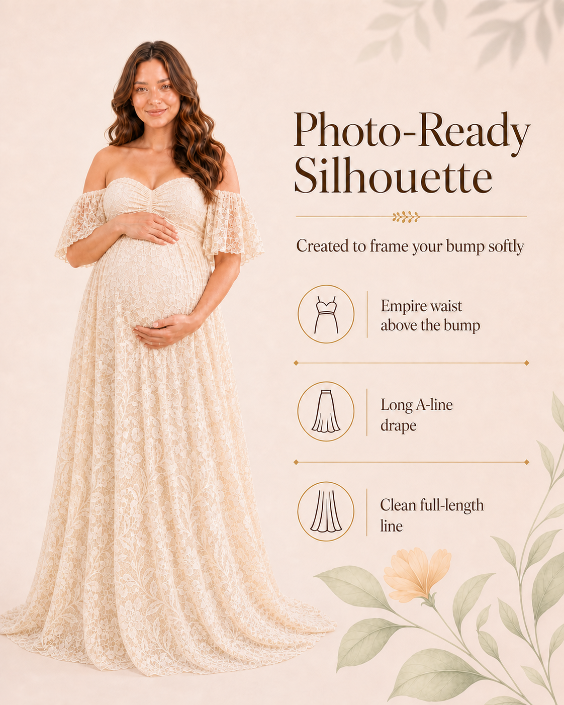 Soft Apricot Cream full-length maternity pose for an indoor photoshoot, empire waist readable