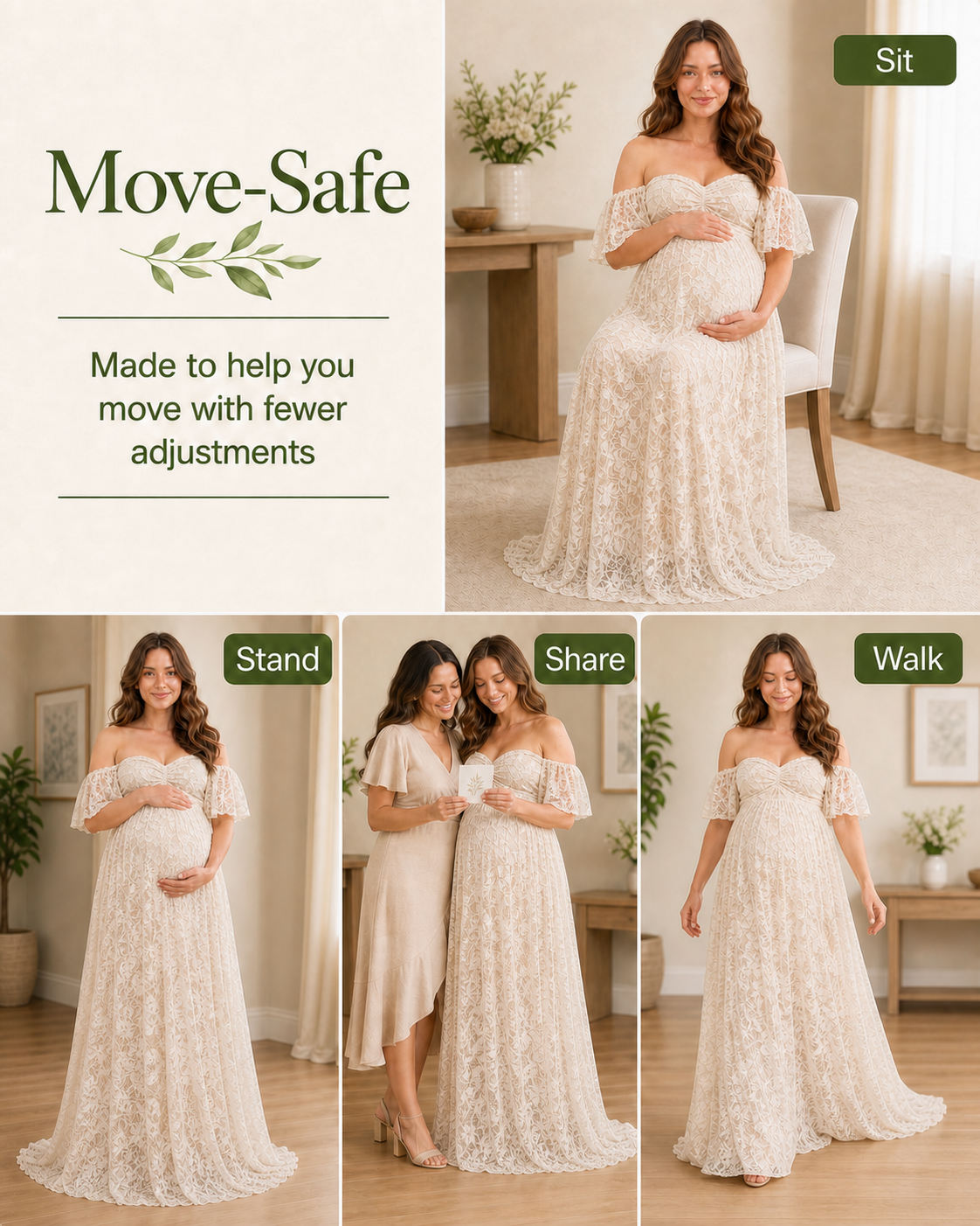 Soft Apricot Cream walking pose on an indoor aisle, controlled back hem lifted off the floor