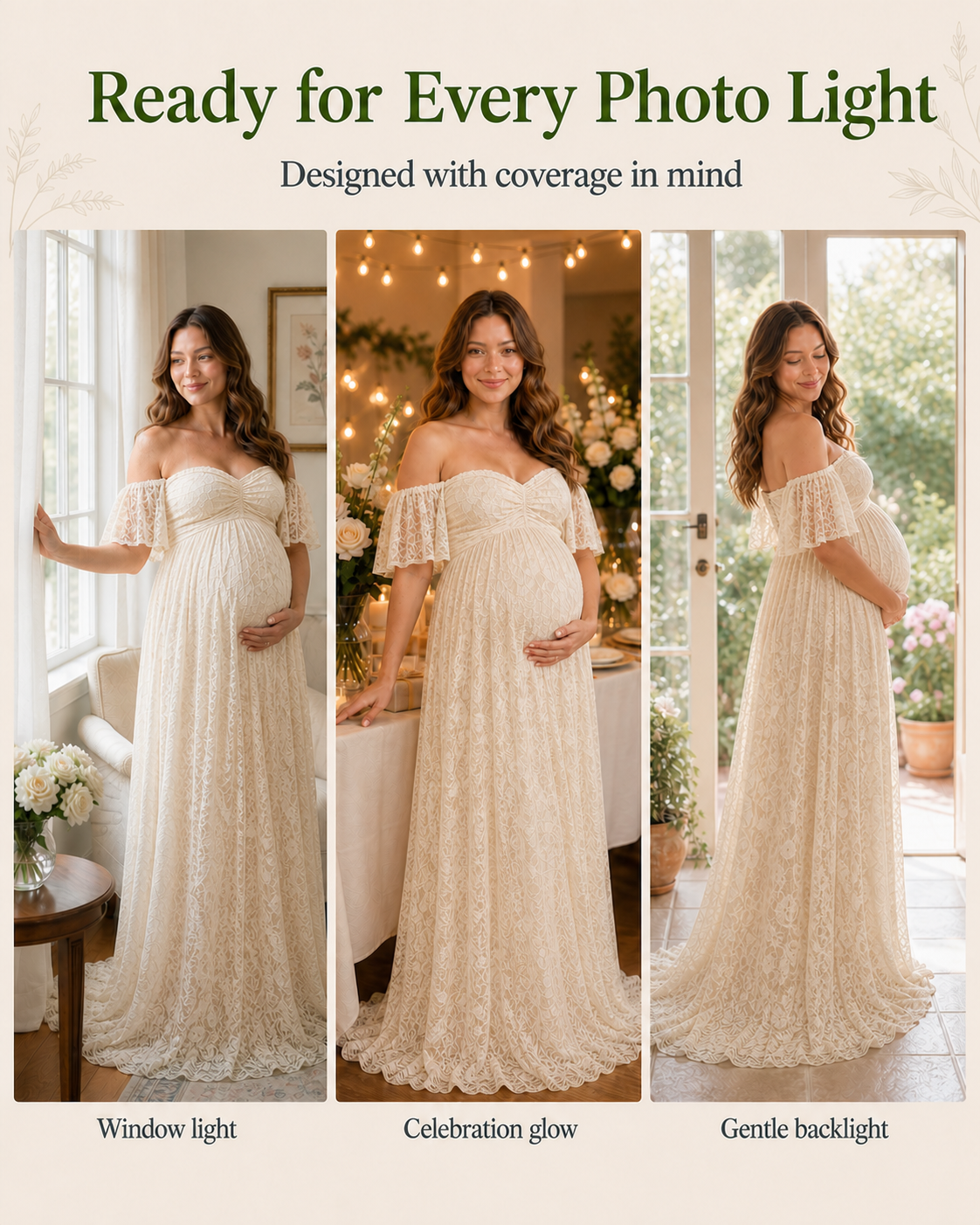 Soft Apricot Cream lace in lamp light versus window light, showing how the cream shifts