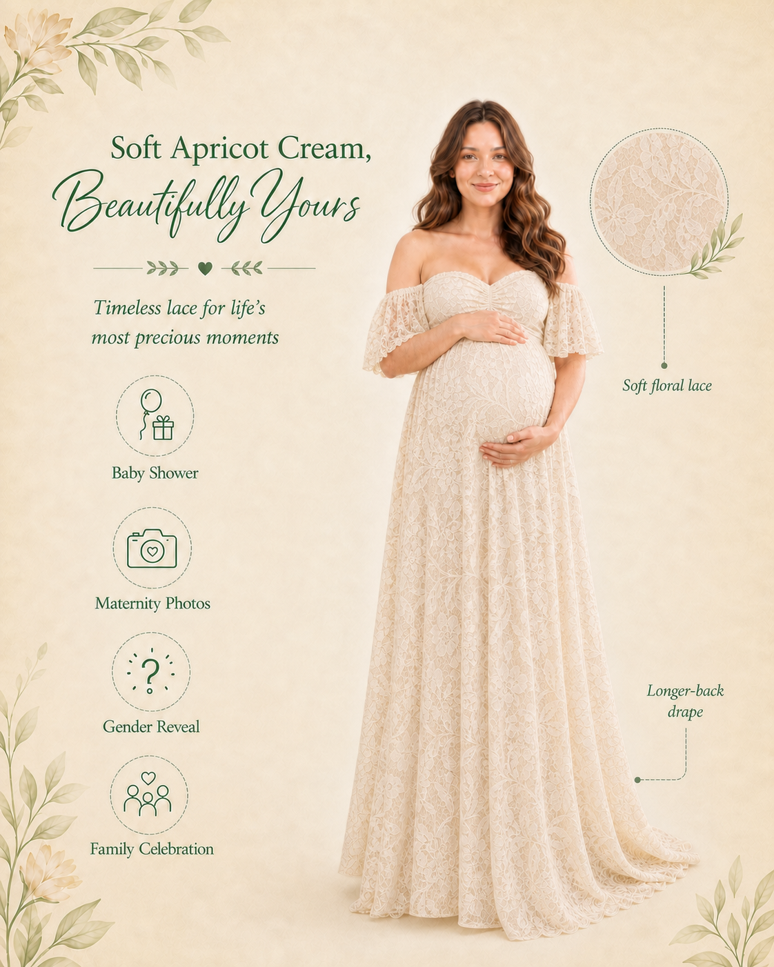 Soft Apricot Cream maternity dress styled for a warm-neutral baby shower memory