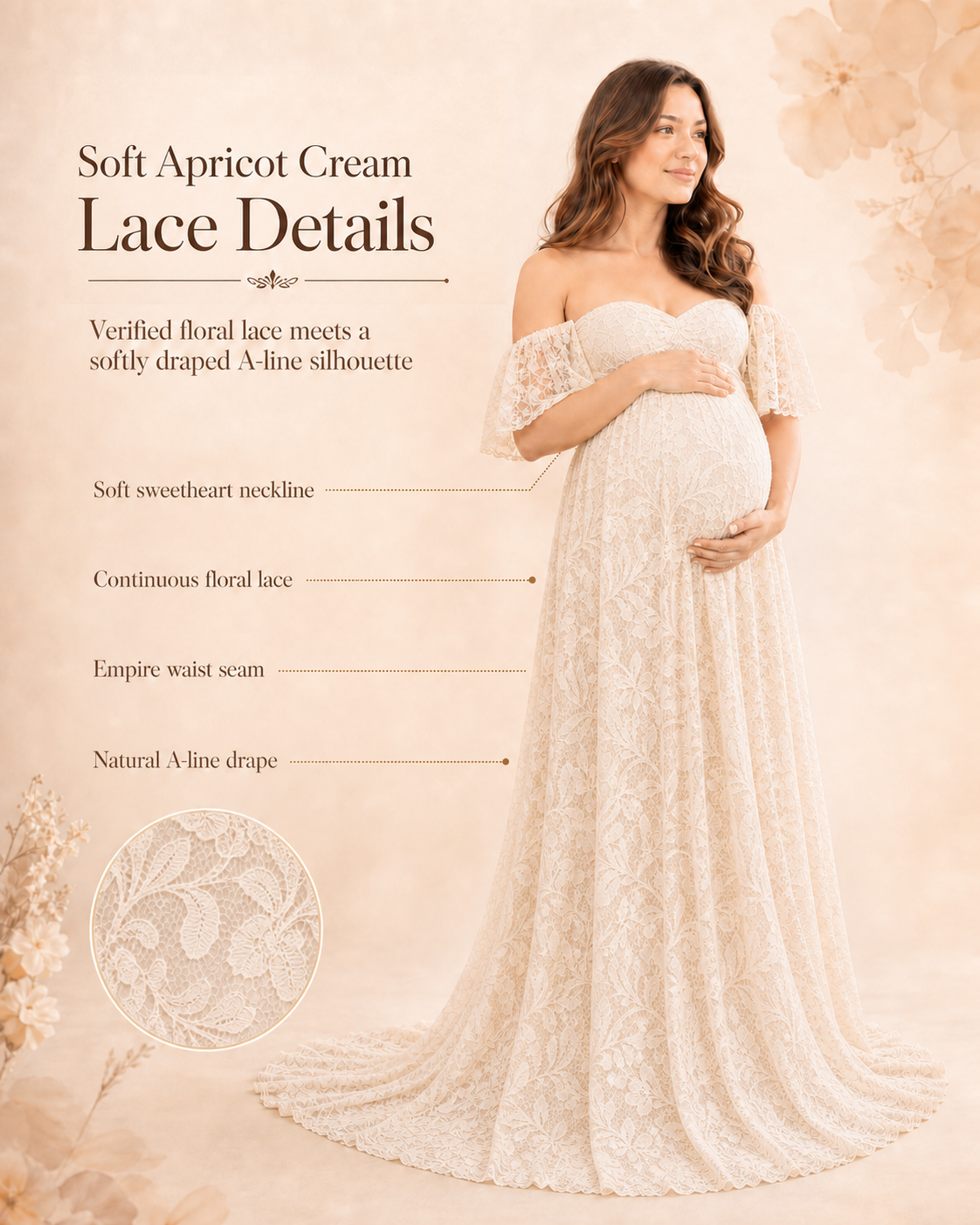 Soft Apricot Cream off-shoulder lace maxi from bodice gathering to floor-length hem