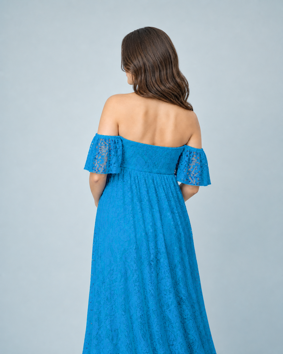 Aqua Blue lace from behind, short flutter sleeves and extra back length on the floor