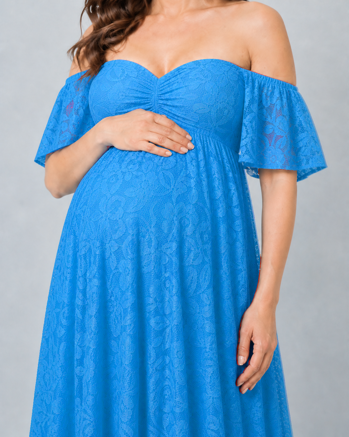 Lake-blue floral lace detail, continuous small motifs on semi-sheer mesh