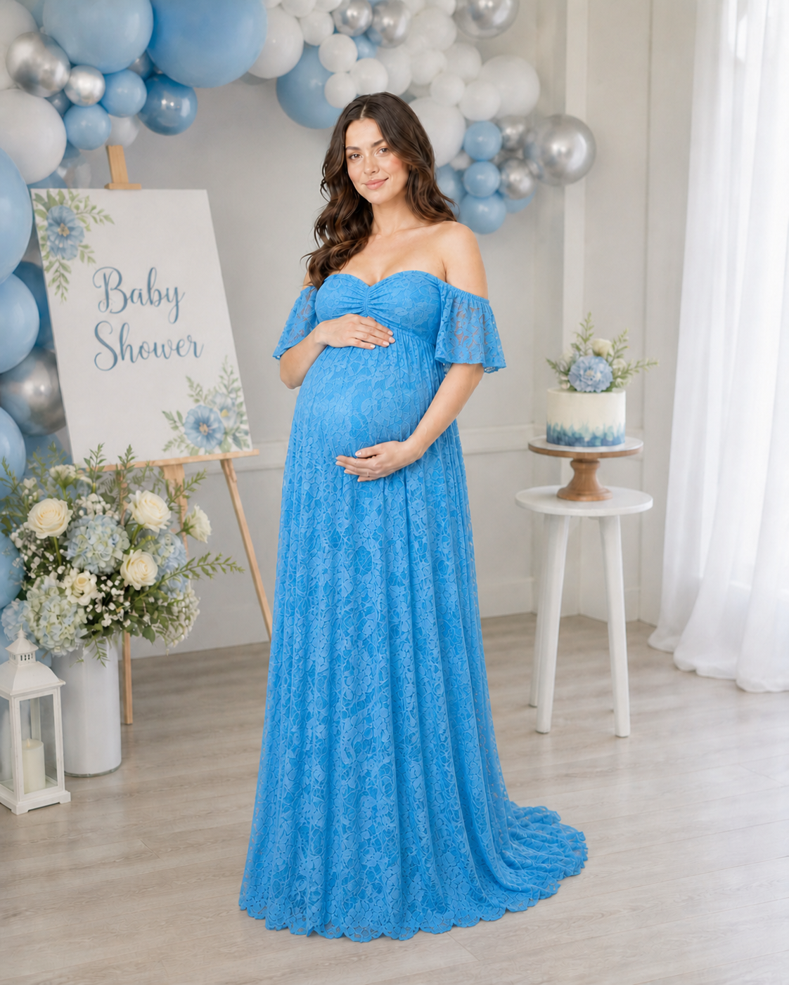 Aqua Blue maternity baby shower dress at a coastal-palette celebration table