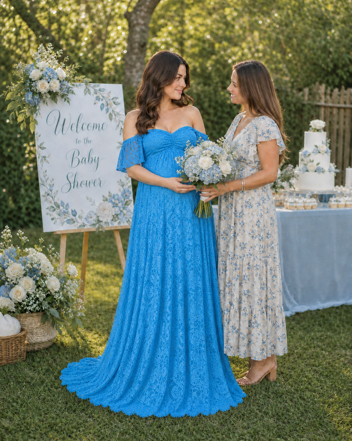 Aqua Blue maternity maxi in a breezy garden with cool greenery