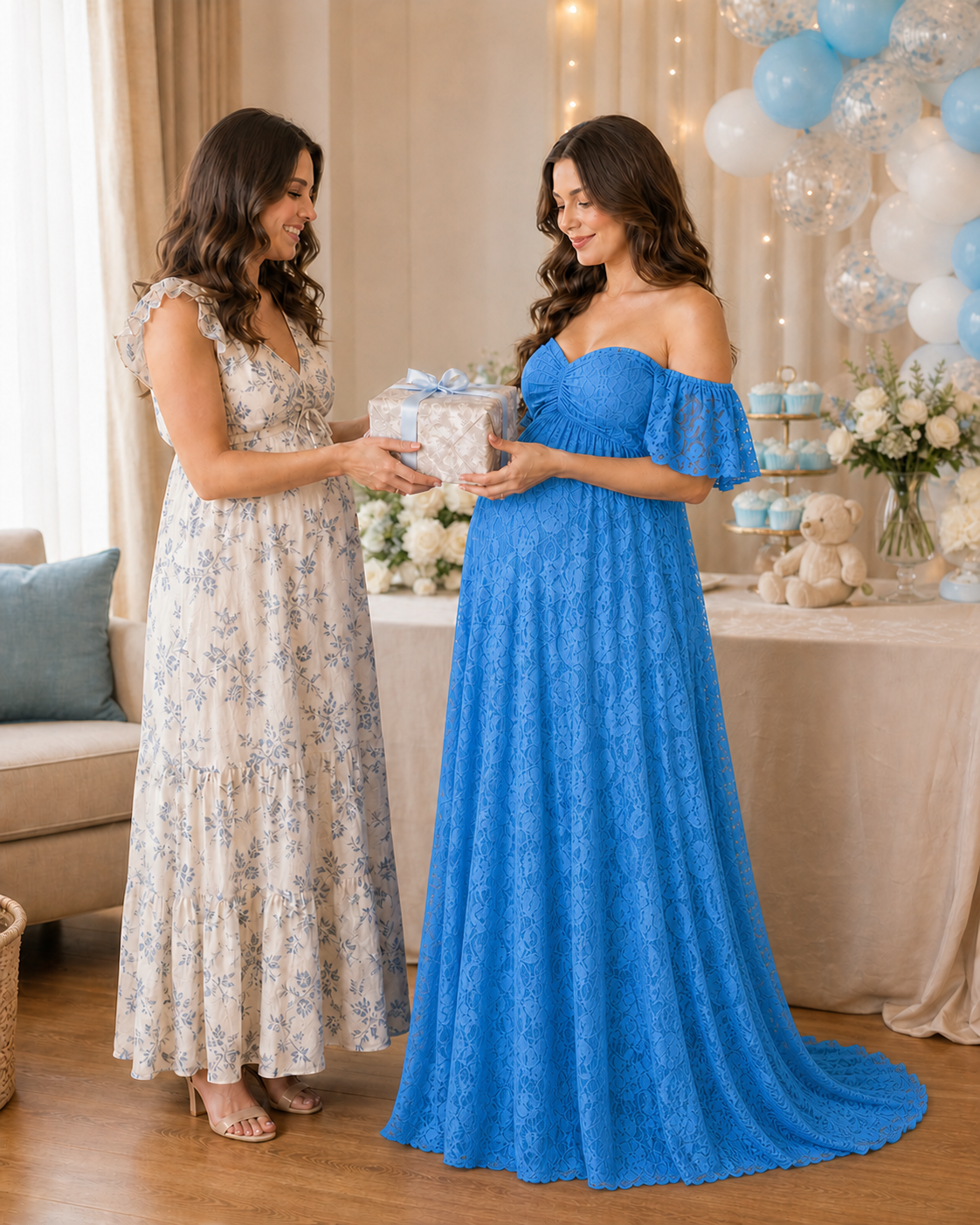 Aqua Blue lace at a gender-reveal celebration, full-length skirt in motion