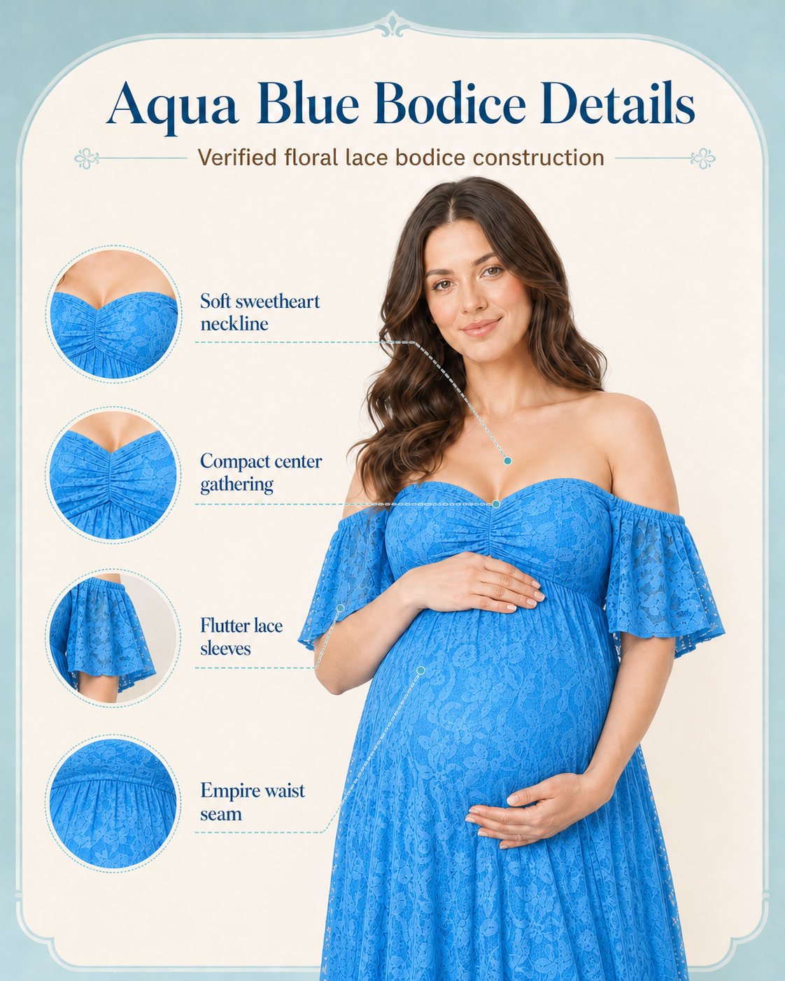 Aqua Blue neckline evidence card, off-shoulder flutter sleeves and shallow center dip