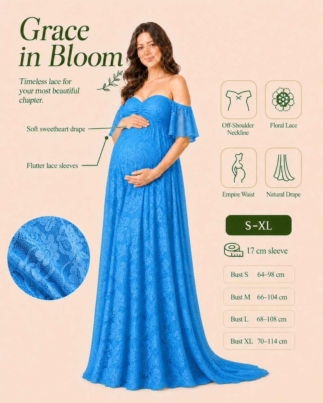 Aqua Blue empire-waist fit from the side, seam above the bump and skirt releasing below