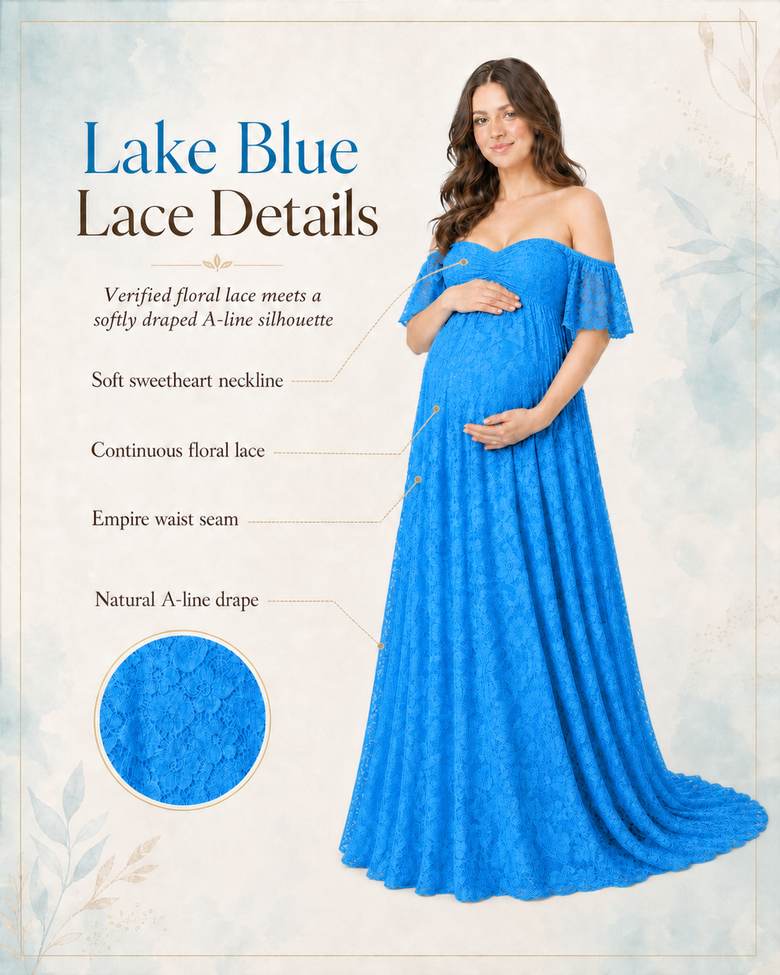 Aqua Blue off-shoulder lace maxi overview: neckline, empire waist and floor-length A-line