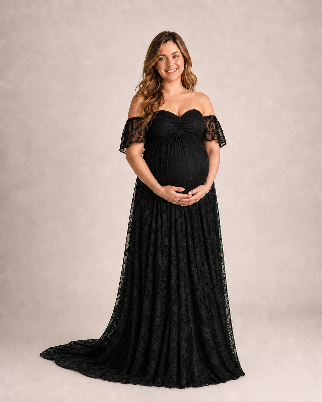 Black floral lace maternity maxi, formal front view with off-shoulder sweetheart neckline