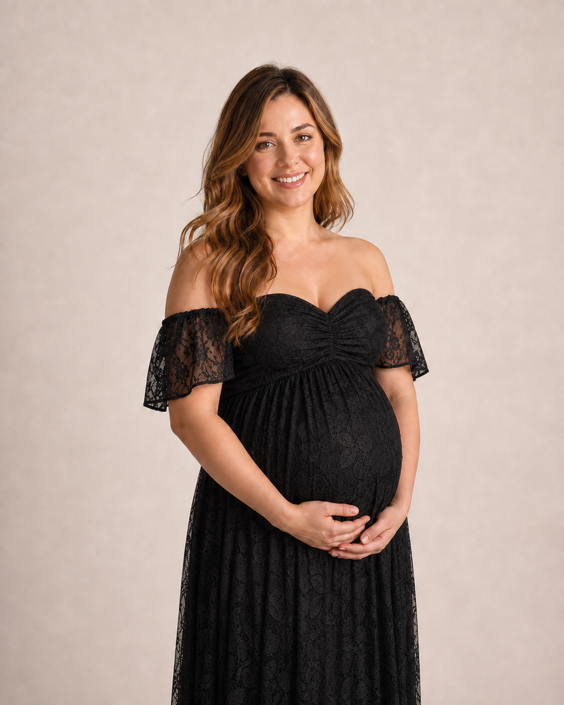 Black off-shoulder bodice detail, low-profile center gather without a separate ornament
